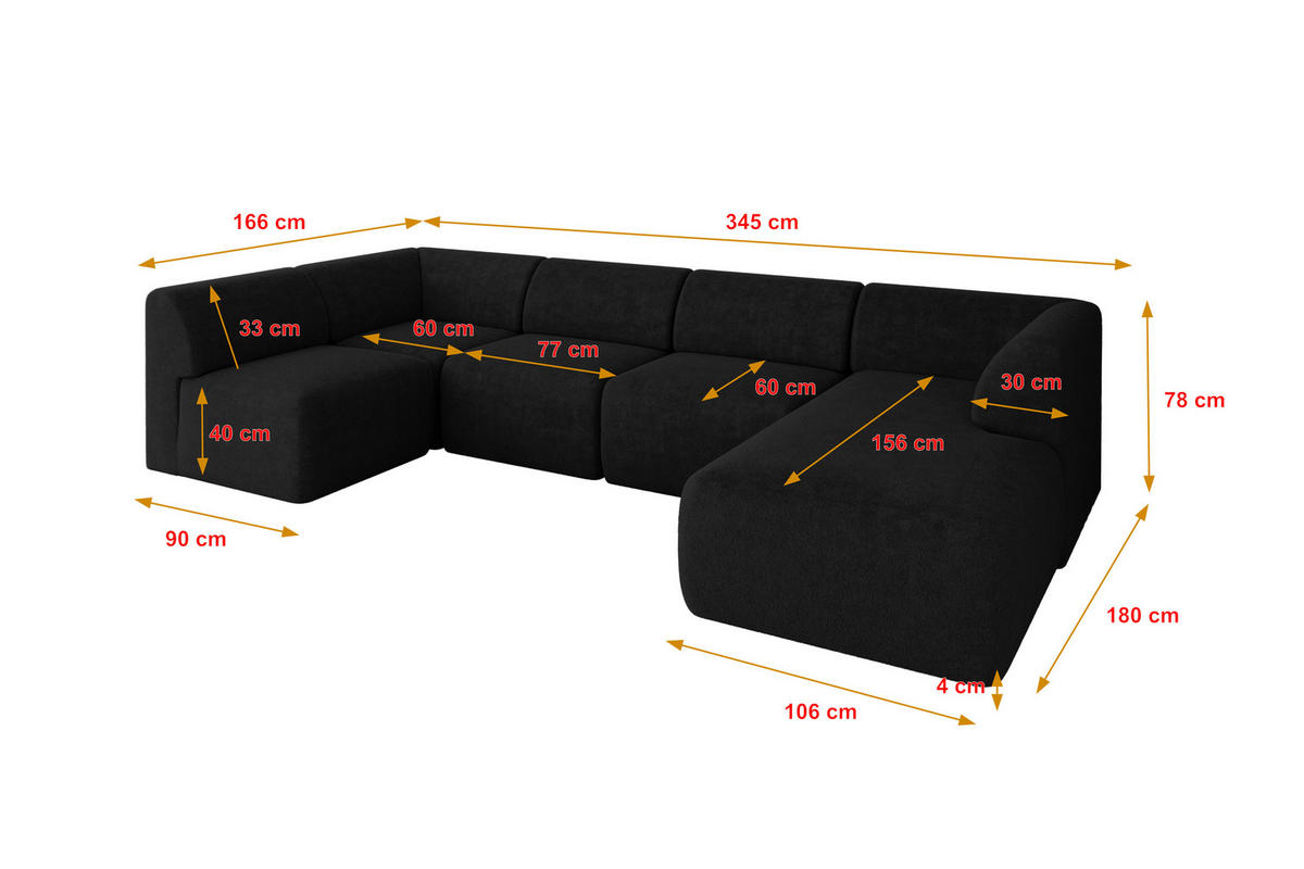 WOHNLANDSCHAFT Ottomane Rechts MOVO-L 345x180x78 cm Schwarz Tissu - Schwarz Hochglanz, Holzwerkstoff/Kunststoff (180/78/345cm) - ALTDECOR