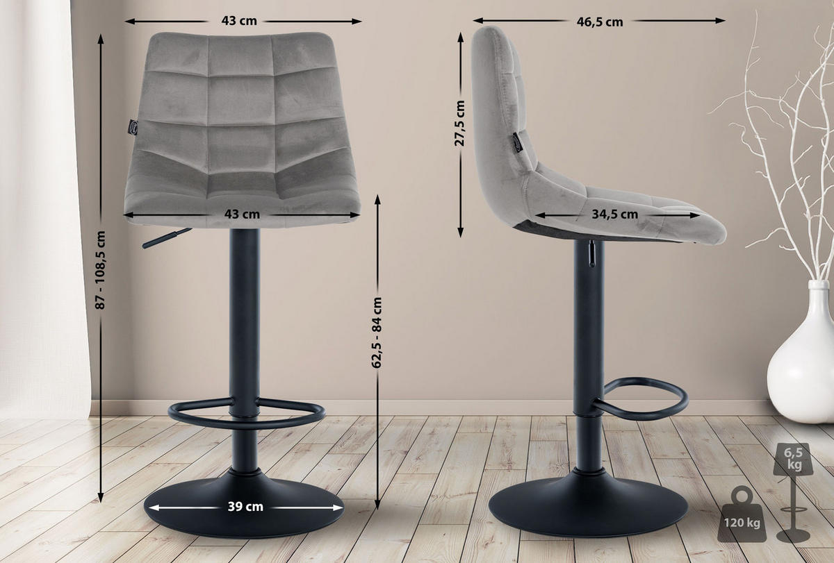 BARHOCKER 2er Set James Samt schwarz grau - Schwarz/Grau, Textil/Metall (43/108.5/46.5cm) - TPFLiving