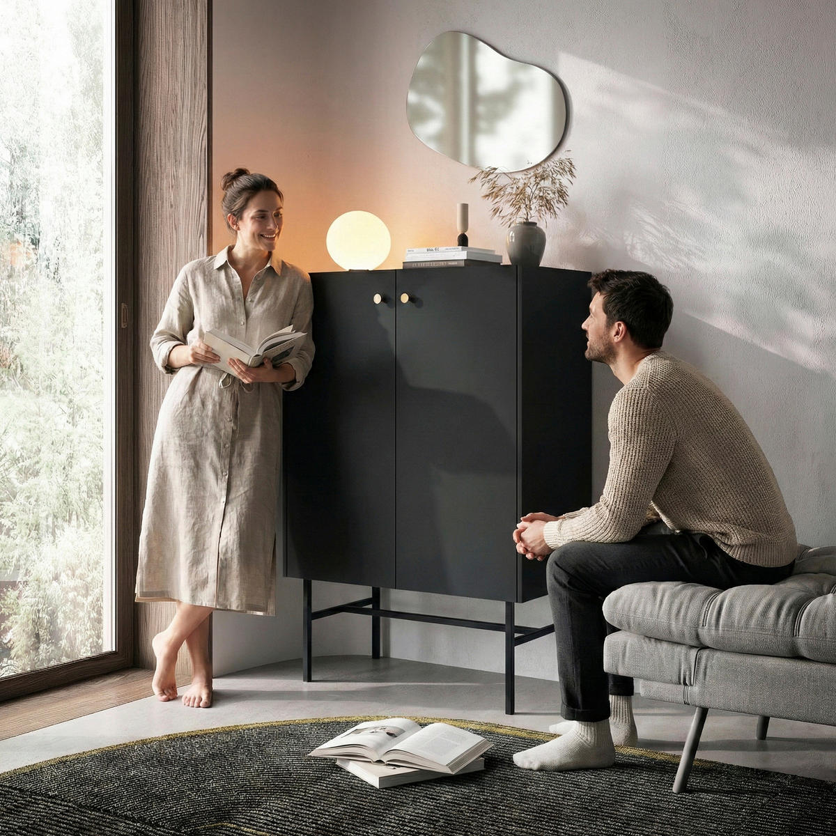 HIGHBOARD Dalia mit 2 Türen und Metallbeinen, 104 cm, Schwarz - Schwarz, Holzwerkstoff/Metall (93/132/39cm) - Beautysofa