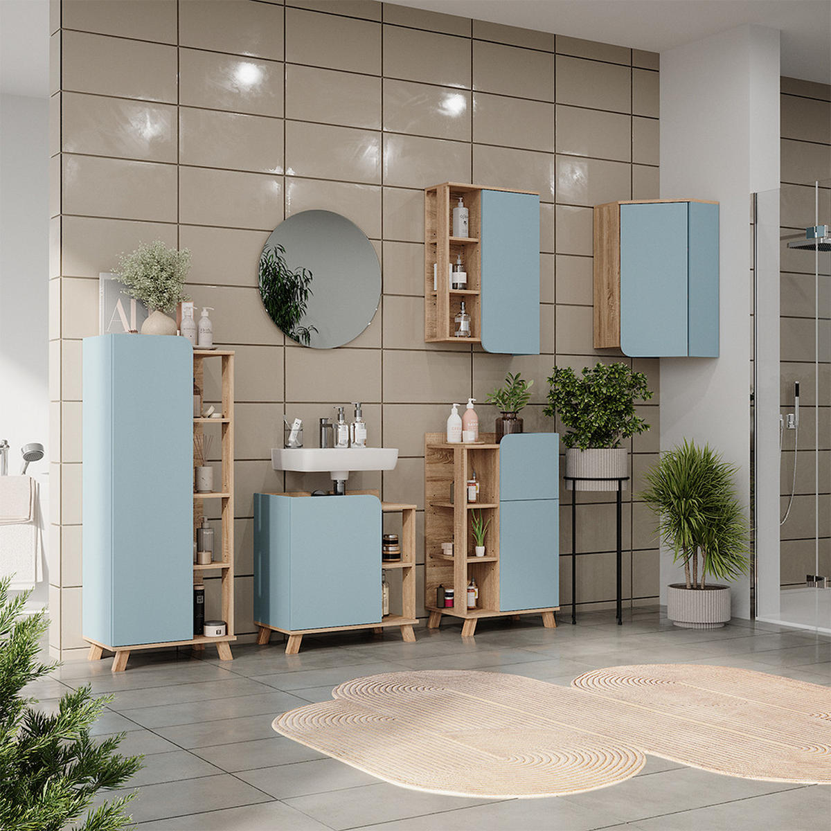 BADMÖBEL-SET Karen Blau-Grau 6 Teile - Blau, Holzwerkstoff (60/65/35cm) - Vicco