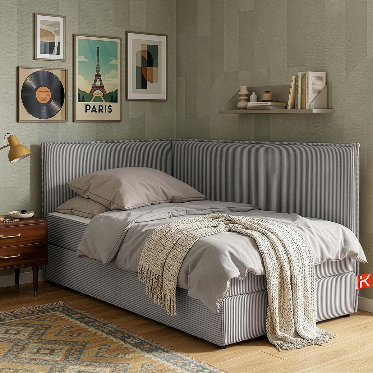 JUGENDBETT ROTI Einzelbett mit Bettkasten, 90x200cm, Bett mit Bonellmatratze, mit Rückenlehne - Hellgrau/Schwarz, Holz/Holzwerkstoff (92/200cm) - KONSIMO®