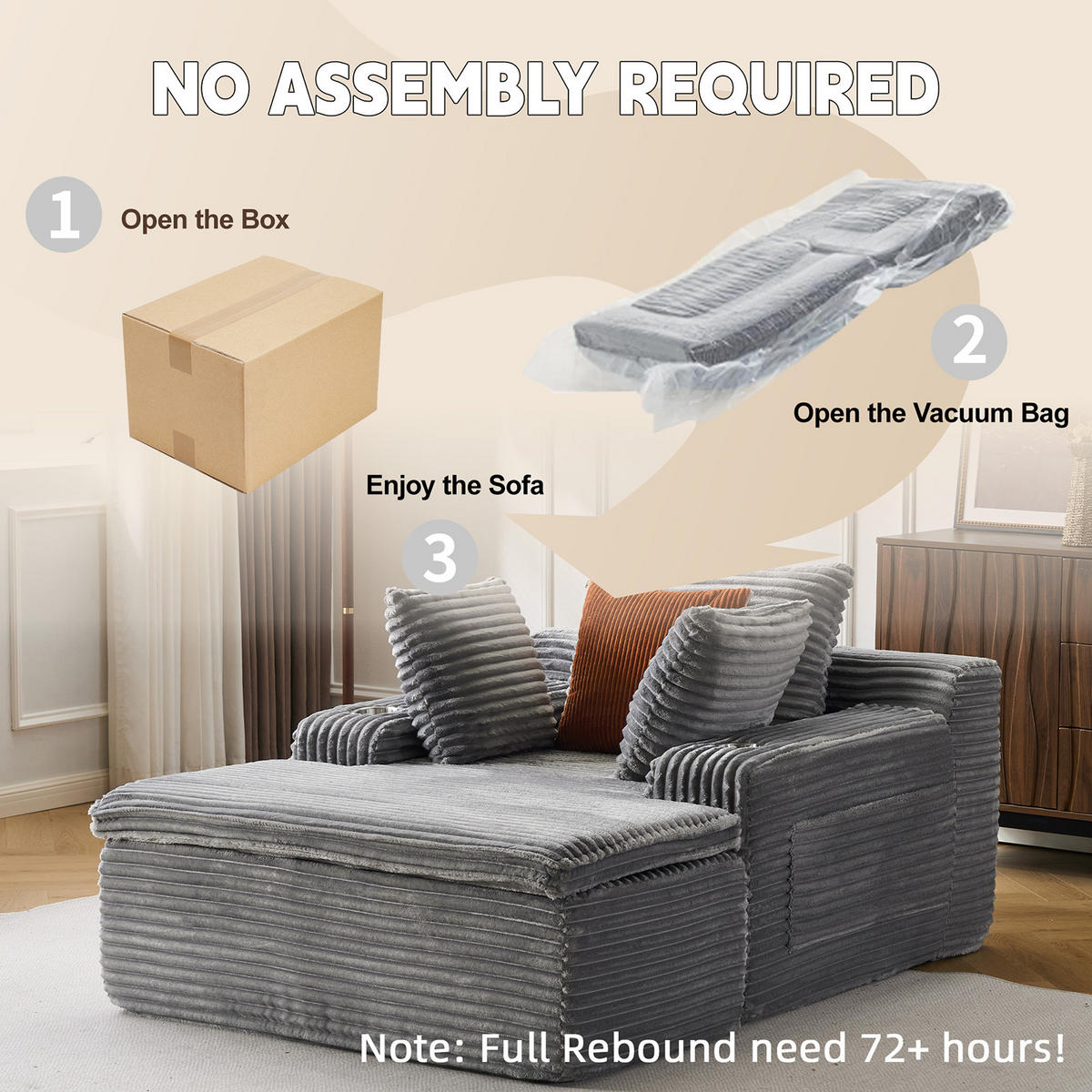 KLAPPSOFA mit 2-in-1-Funktionskissen, Cordstoff - Grau - Grau, Textil (113/63/164cm) - KOMHTOM