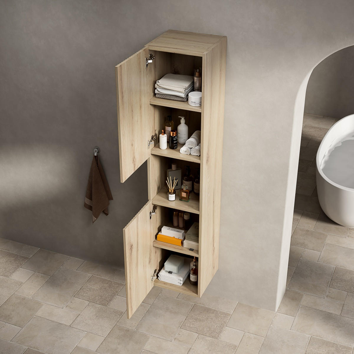 BAD-HOCHSCHRANK 160 cm,Schmal 2 Türen Offenes Fach Aufbewahrungsschrank Weiße Eiche - Weiß, Holz (140/30/24cm) - PARAFTA HOME
