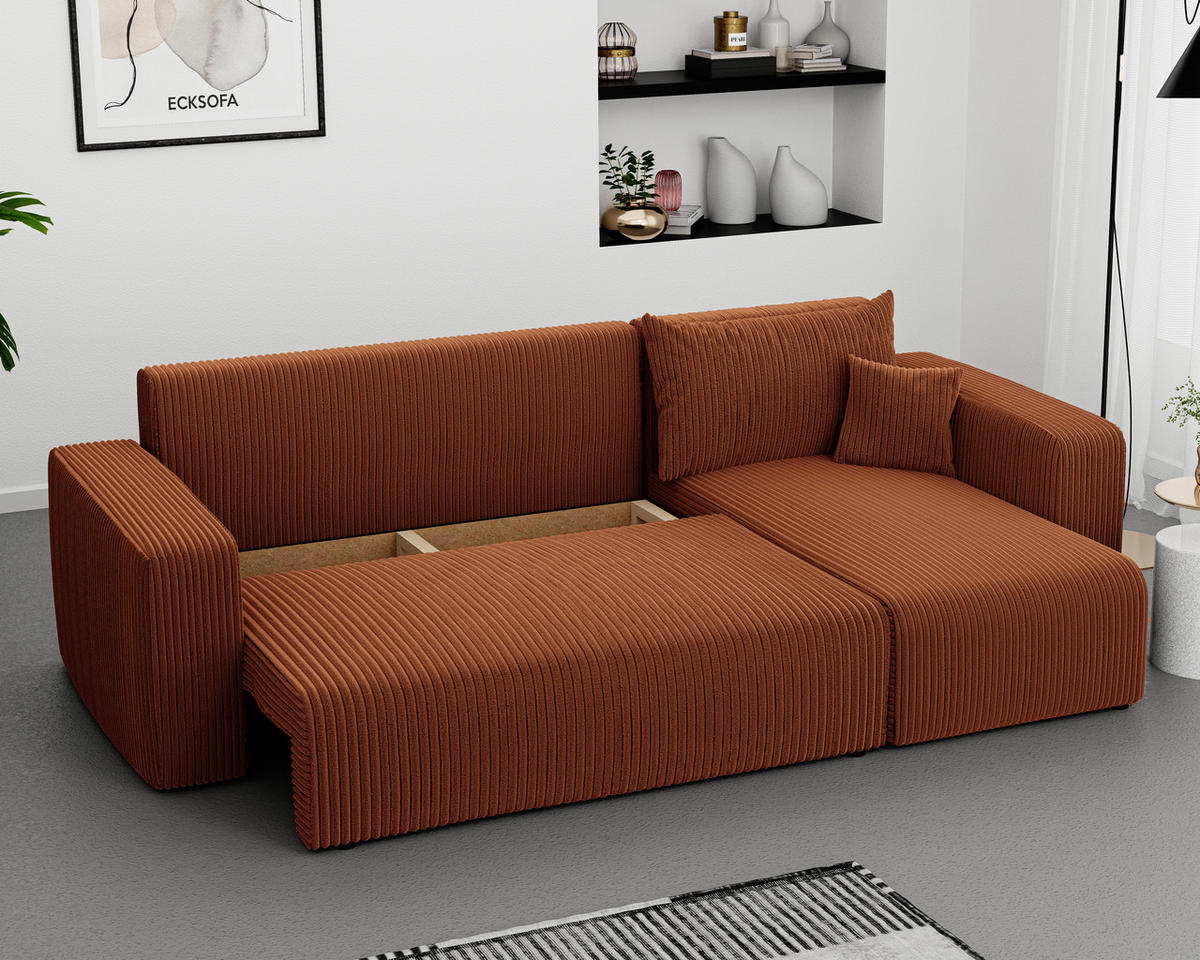 ECKSOFA Ziegelrot Cord-Stoff mit Bettkasten - Rotbraun, Textil (248/145cm) - Idohome