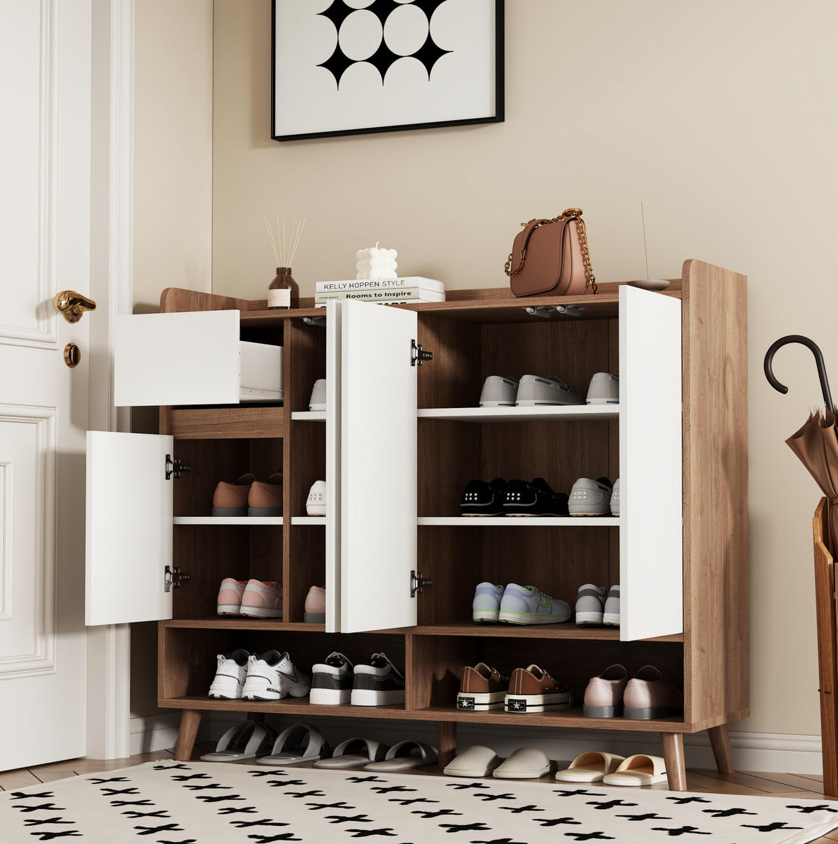 SCHUHSCHRANK 120/35/99 cm mit 4 Türen und 1 Schublade in Weiß/Natur - Weiß, Holzwerkstoff (120/99/35cm) - BEAOK
