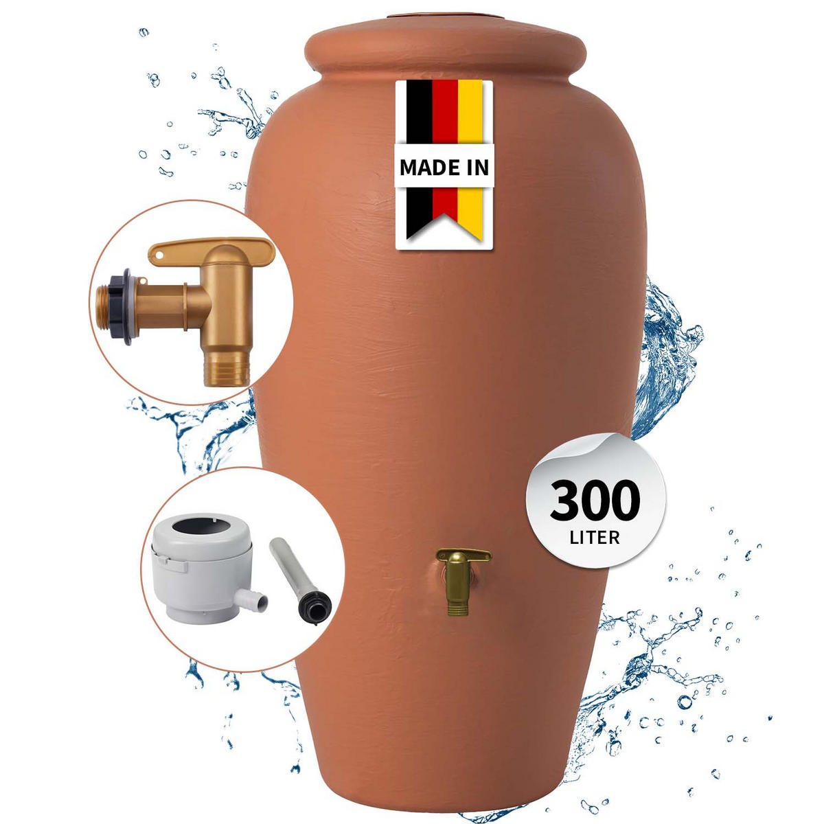 AMPHORE Regentonnen Komplett-Set 300 L kotta inkl. Kunststoff-Auslaufhahn und Fallrohranschluss - Terracotta, Kunststoff (68/129/68cm) - GARANTIA