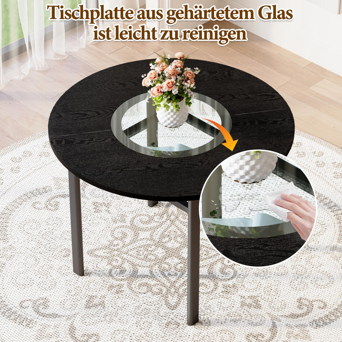 ESSTISCH 100/100/76 cm Schwarz rund mit Glaseinlage MDF und Metallgestell - Schwarz, Holzwerkstoff (100/100/76cm) - OKWISH