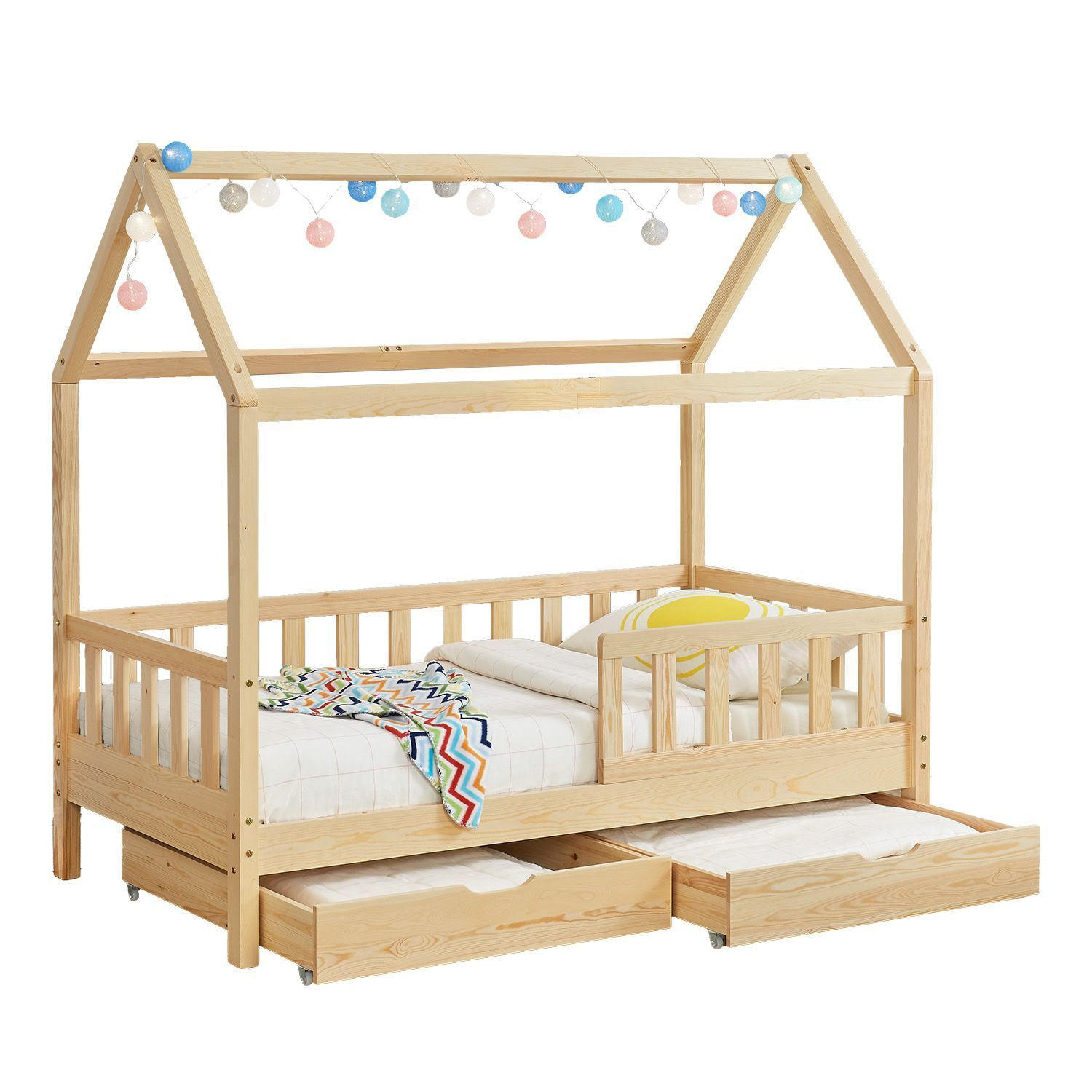 KINDERBETT Marli mit Matratze und Bettkasten natur 90x200 cm - Naturfarben, Holz (90/200cm) - Juskys