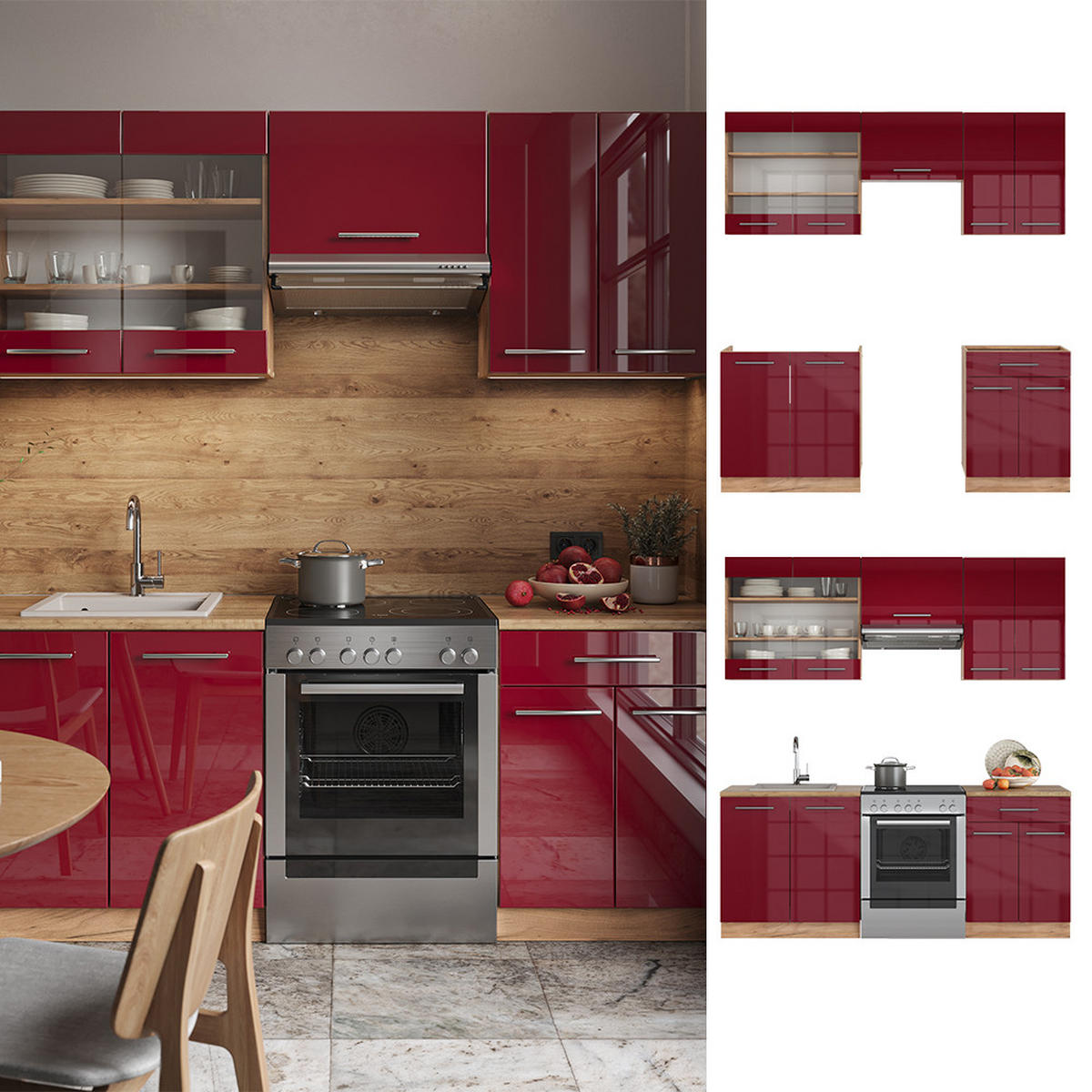 KÜCHENZEILE Fame-Line Bordeaux Hochglanz/Goldkraft Eiche 200 cm AP Eiche - Bordeaux/Eiche Wotan, Holzwerkstoff (200/81.6/60cm) - Vicco