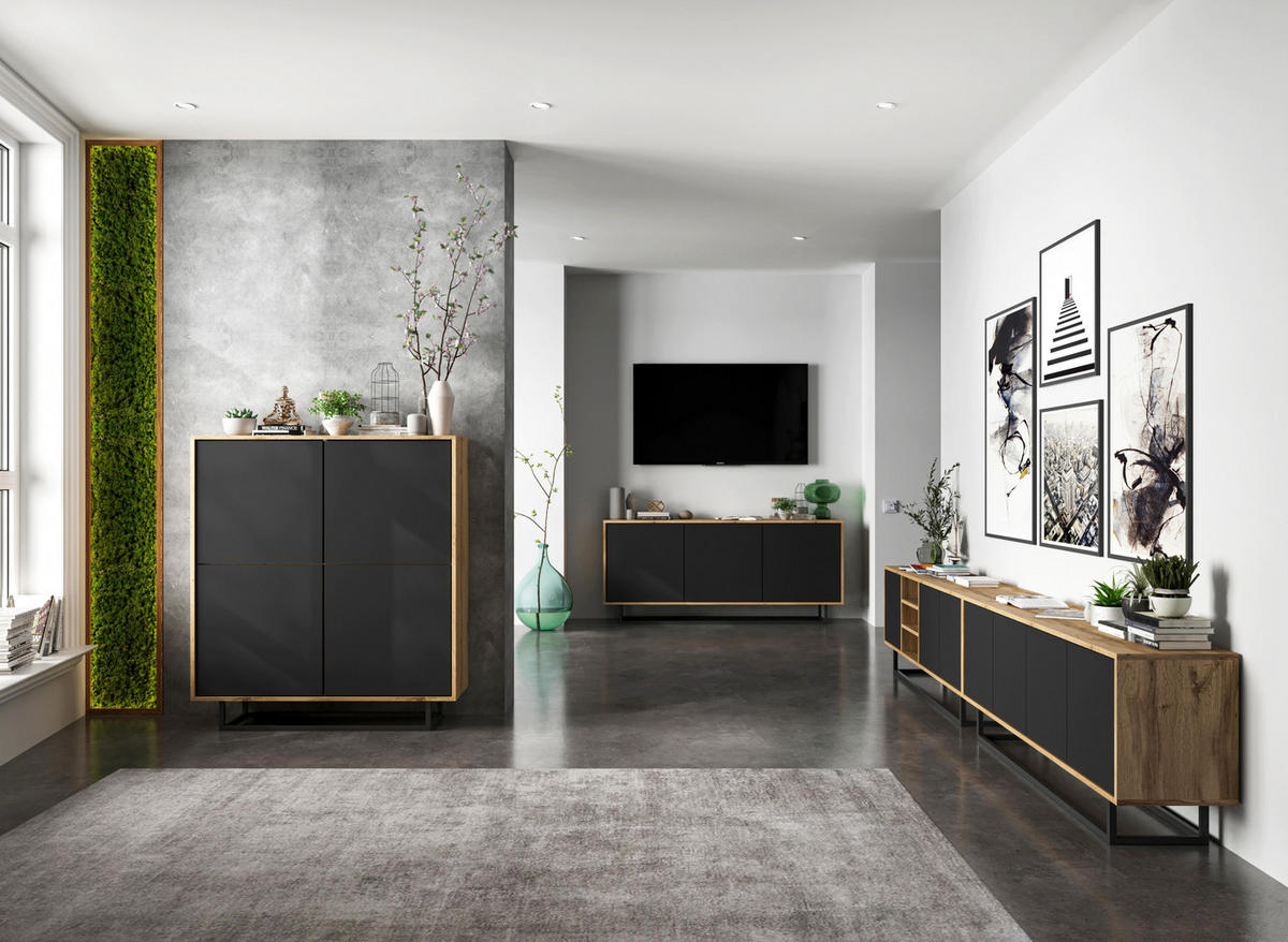 TV-LOWBOARD Apollo Eiche wotan Schwarz Matt 150/53/35 cm - Schwarz, Holzwerkstoff/Metall (150/53/35cm) - Meble Lindner