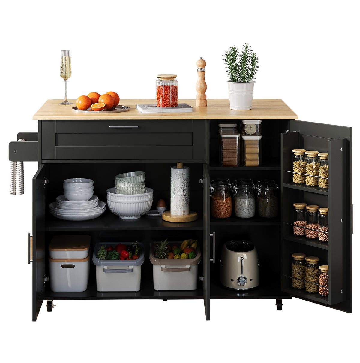KÜCHENWAGEN mit klappbarer Arbeitsplatte 132,5 x 44(70) x 90 cm Schwarz/Natur - Schwarz, Holz (44/90/132.5cm) - Beauniv