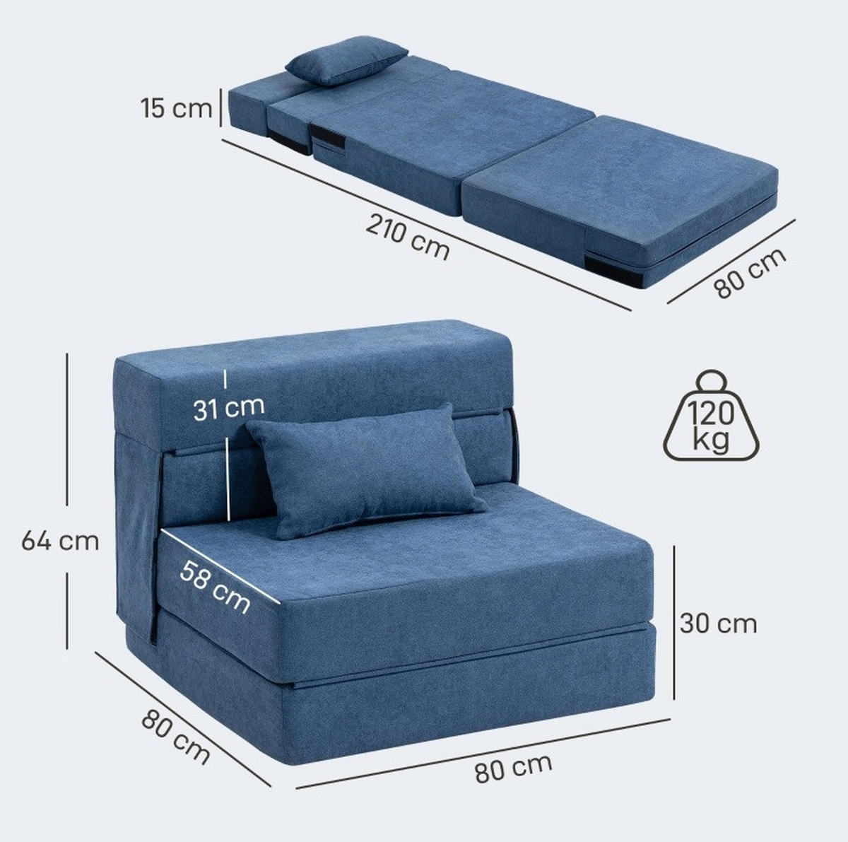 SCHLAFSESSEL 80/80/64 cm in Dunkelblau, klappbar mit Bettfunktion und Kissen - Blau, Textil (80/64/80cm) - Flora Grace