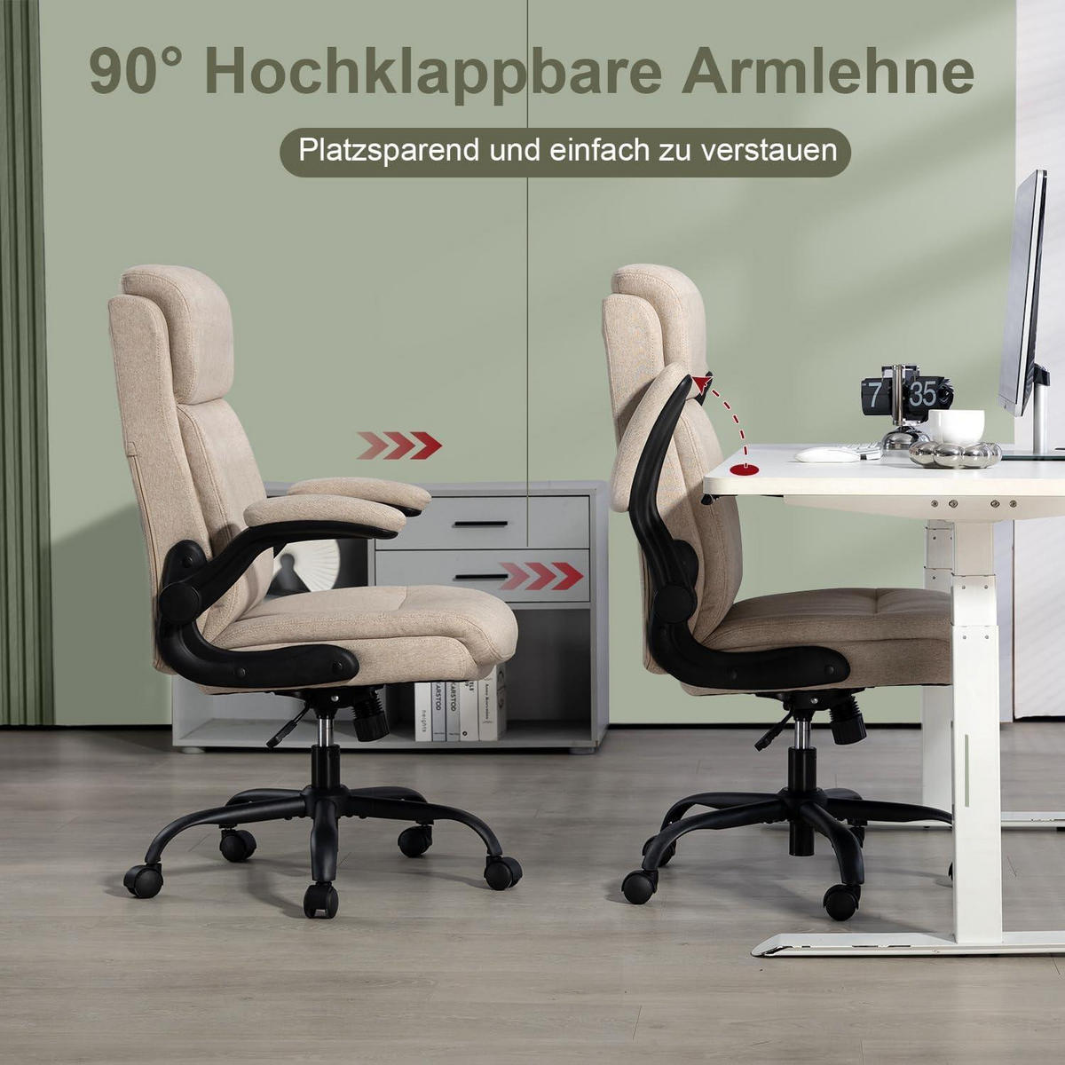 BÜROSTUHL mit hoher Rückenlehne und hochklappbaren Armlehnen Stoff Beige - Beige, Textil (68/113/70cm)