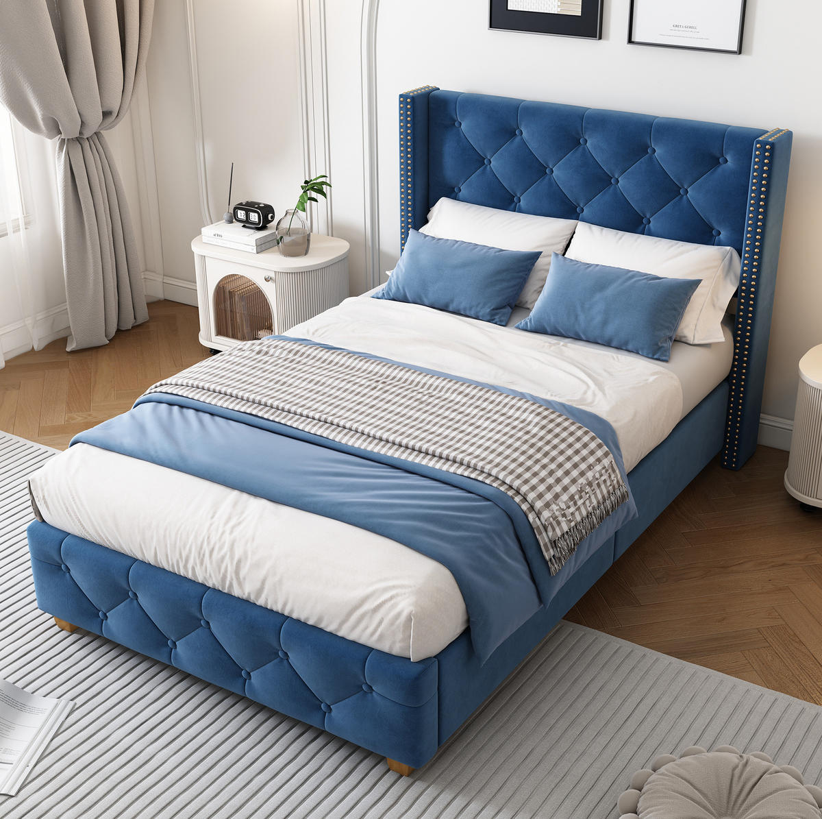 POLSTERBETT 90/200 cm aus Samt in Blau mit Lattenrost und Zierdetails - Blau, Textil (90/200cm) - Flora Grace
