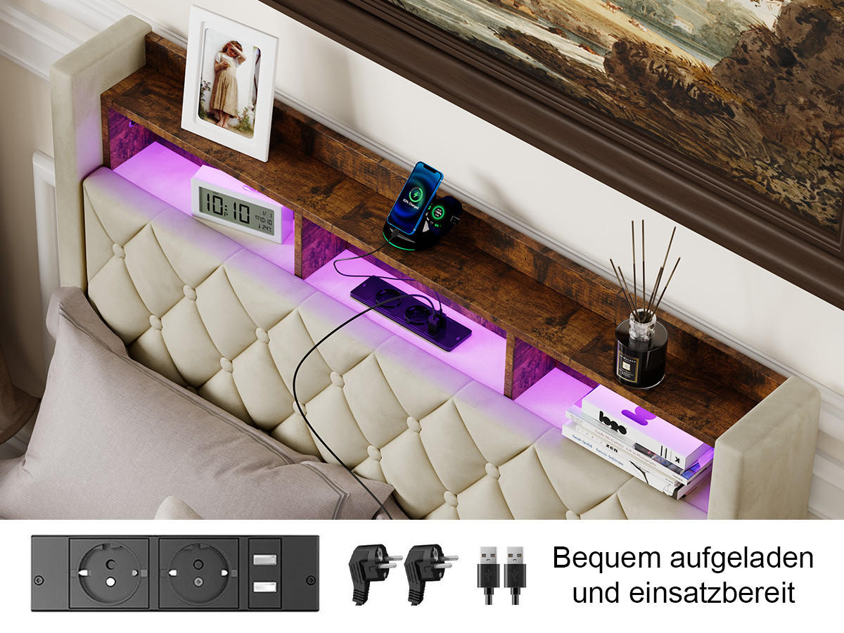 POLSTERBETT 140/200 cm in Beige Samt mit Bettkasten, LED-Beleuchtung und USB-Anschluss - Beige, Holzwerkstoff/Textil (140/200cm) - CHICFURN