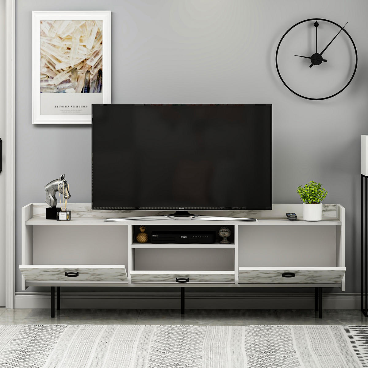 TV-LOWBOARD Büsra Weiß Holz und Marmor Optik 3 türig 9208 - Weiß/Grau, Holzwerkstoff/Metall (184/63/37cm) - moebel17