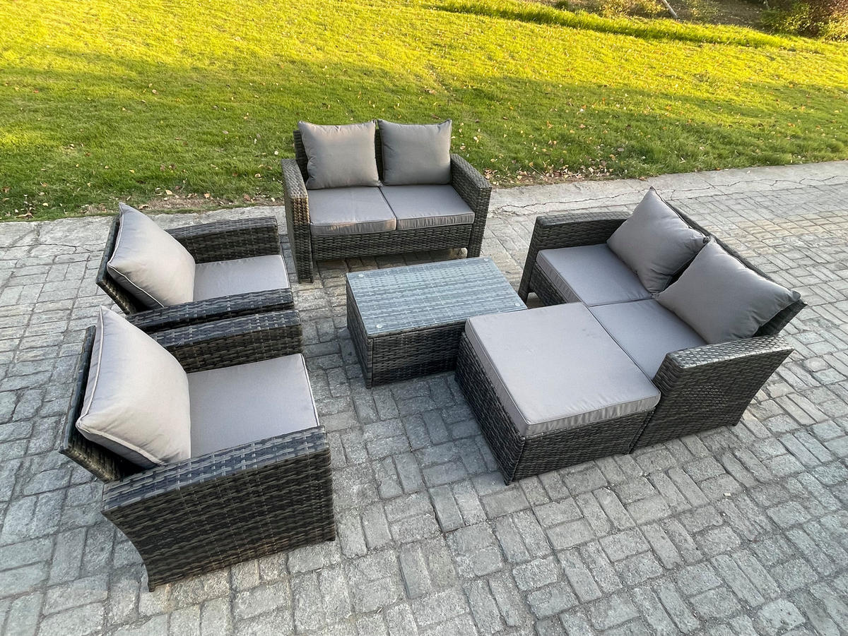 GARTENSOFA STUHL SET MIT COUCHTISCH HOCKER Polyrattan Dunkelgrau Gemischt 7-Sitzer - Dunkelgrau, Metall - Fimous