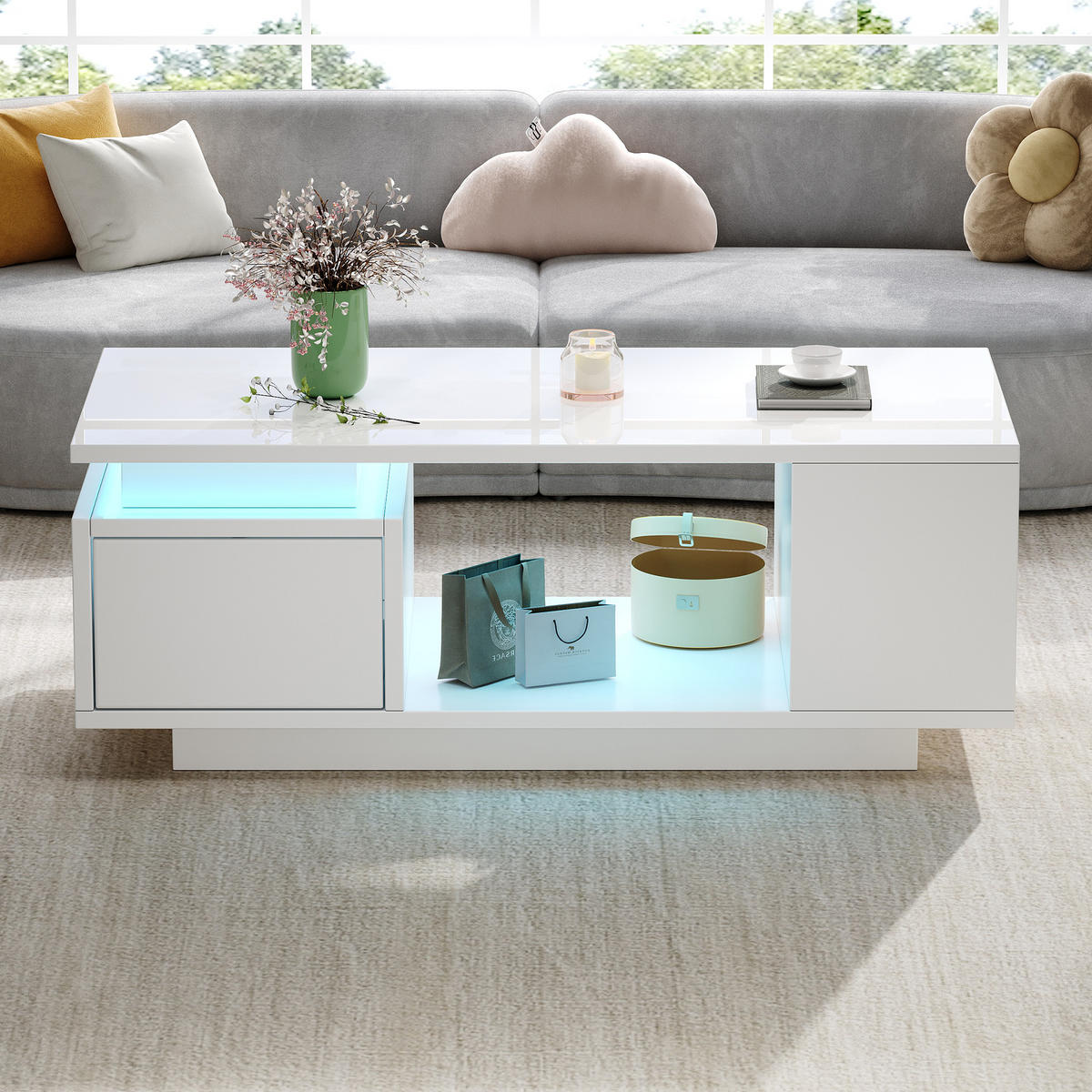 COUCHTISCH in Weiß Kaffeetisch mit Schublade, LED & 4 Ablagefächern,Hochglanz Sofatisch für Wohnzimmer, B100/T50/H36cm - Weiß, Holzwerkstoff (50/100/36cm) - STILVORA
