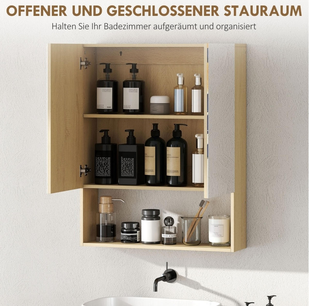 BADEZIMMER Hängeschrank 60x16.6x75 cm Eiche mit Doppelspiegel & verstellbarem Regal - Eichefarben, Glas (60/75/16.6cm) - Modfu