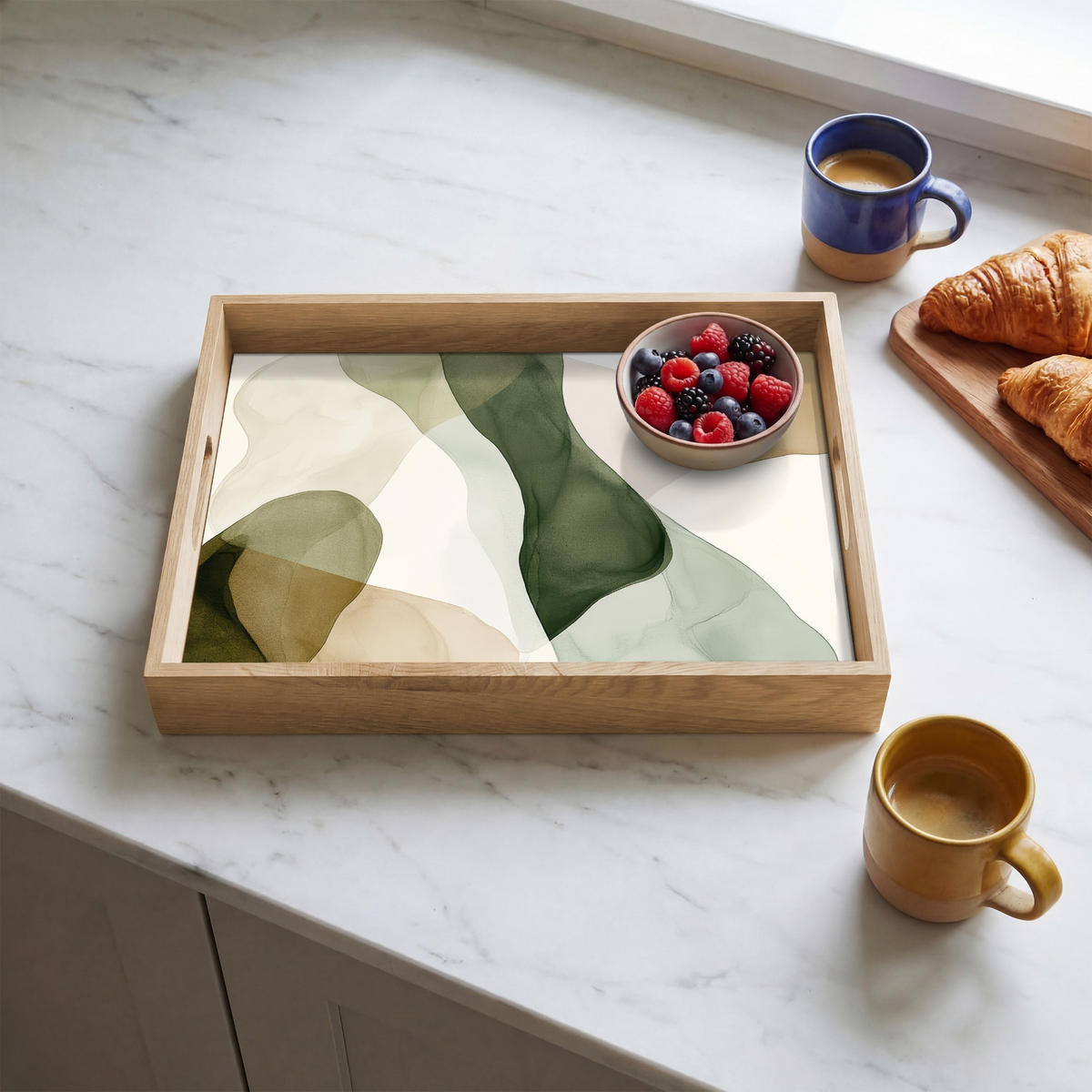 TABLETT - Japandi - Abstrakt - Grün - 40x30 cm - Grün, Holz (40/5/5cm) - OnlyWow