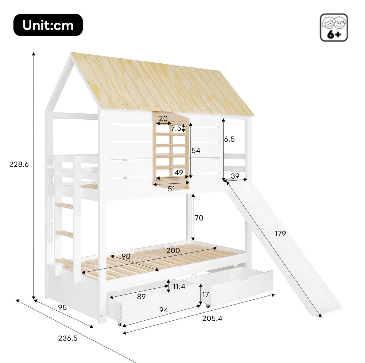 ETAGENBETT aus Kiefer und MDF 90x200 cm Weiß/Natur mit Rutsche, 2 Schubladen und Hausdach - Weiß, Holzwerkstoff (90/200cm) - Modfu