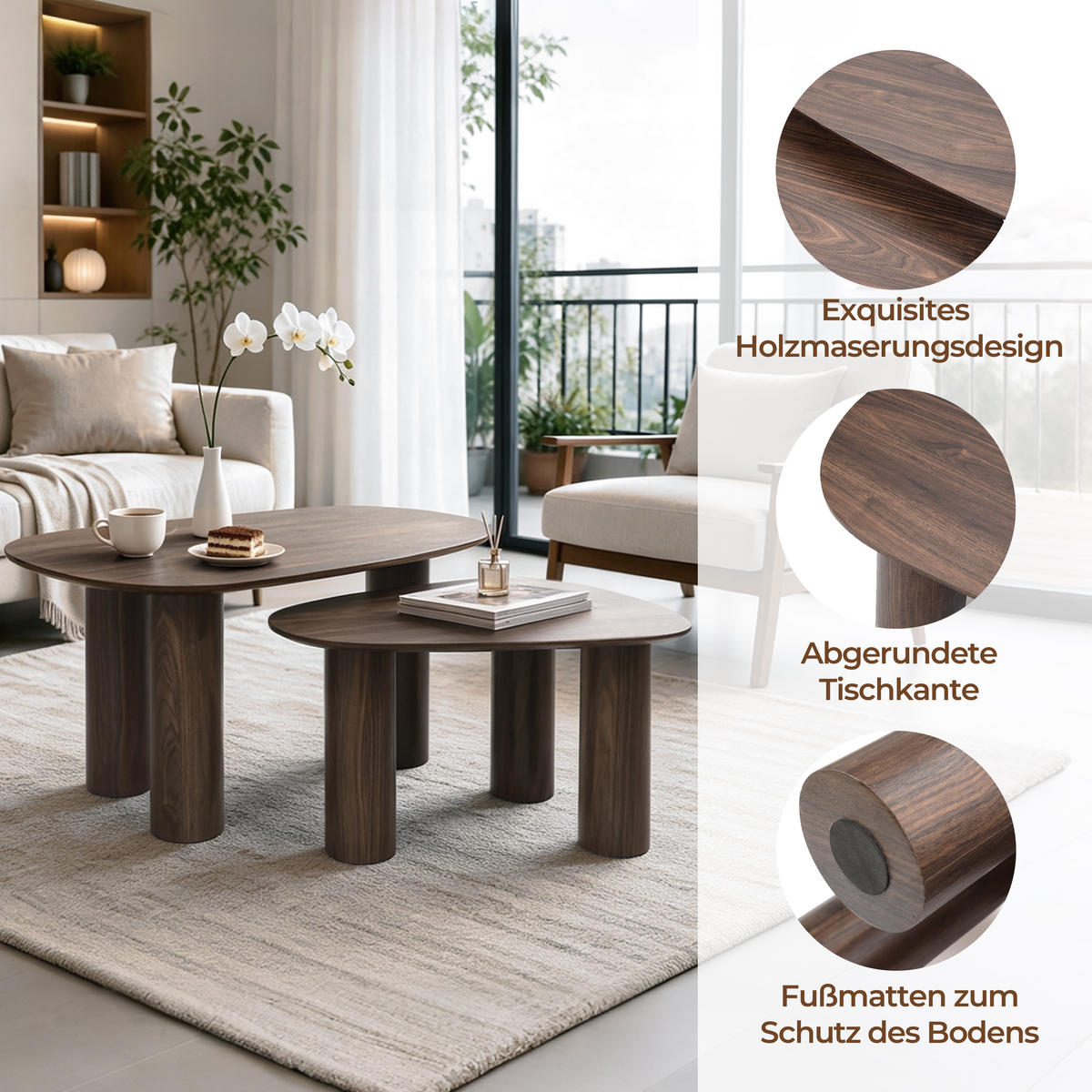 COUCHTISCH 2er Set Holz in Walnussoptik,86cm &69cm - Walnussfarben, Holzwerkstoff (53/85/45cm) - Hometopia