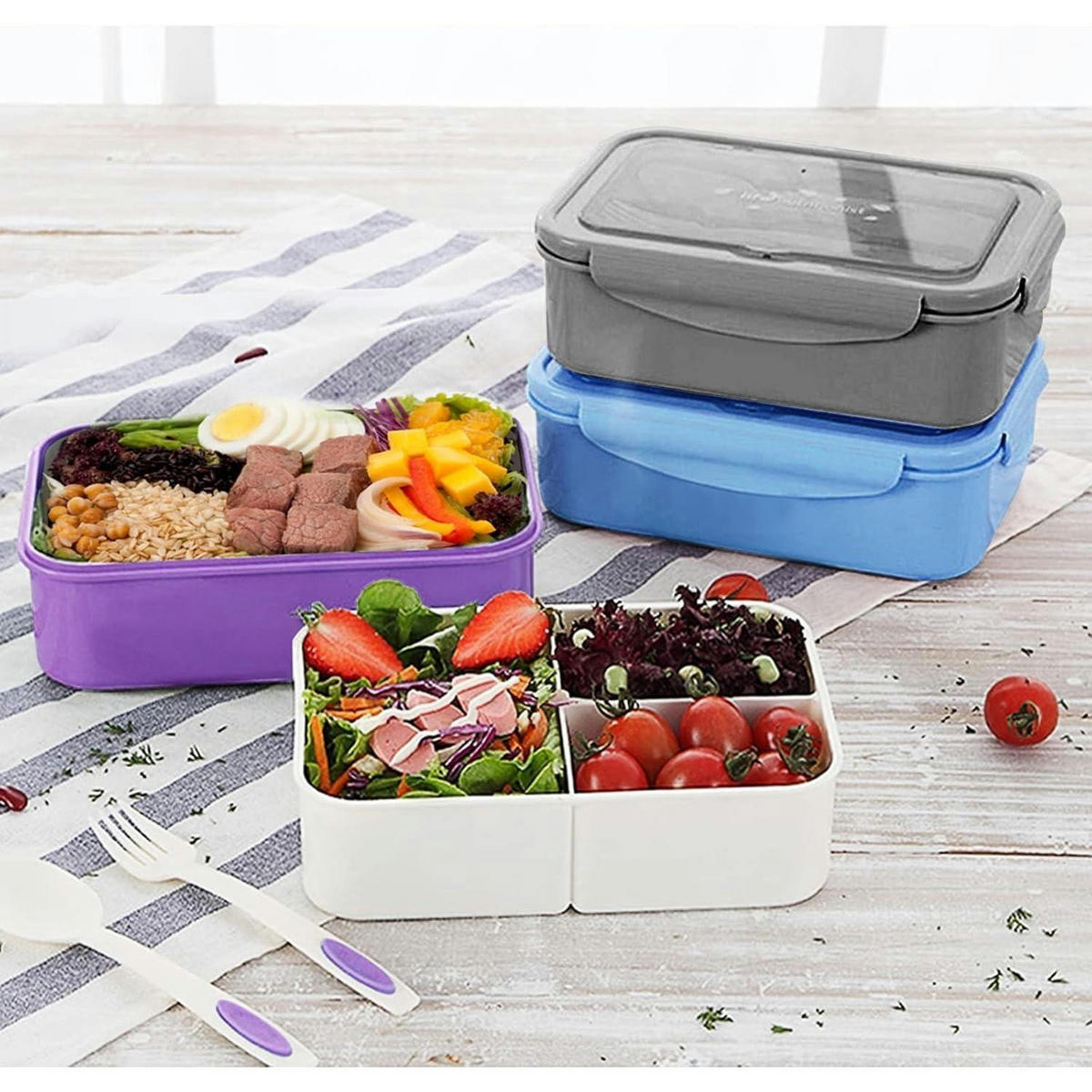 BENTO Box mit 3 Fächern und Besteck Grau - Grau, Kunststoff (13.2/7.1/19.8cm)