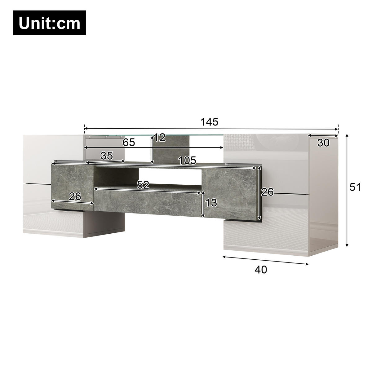 TV-LOWBOARD aus Holzwerkstoff 145x30x51 cm Weiß/Beton mit LED-Beleuchtung und viel Stauraum - Weiß, Holzwerkstoff (145/51/30cm) - Modfu
