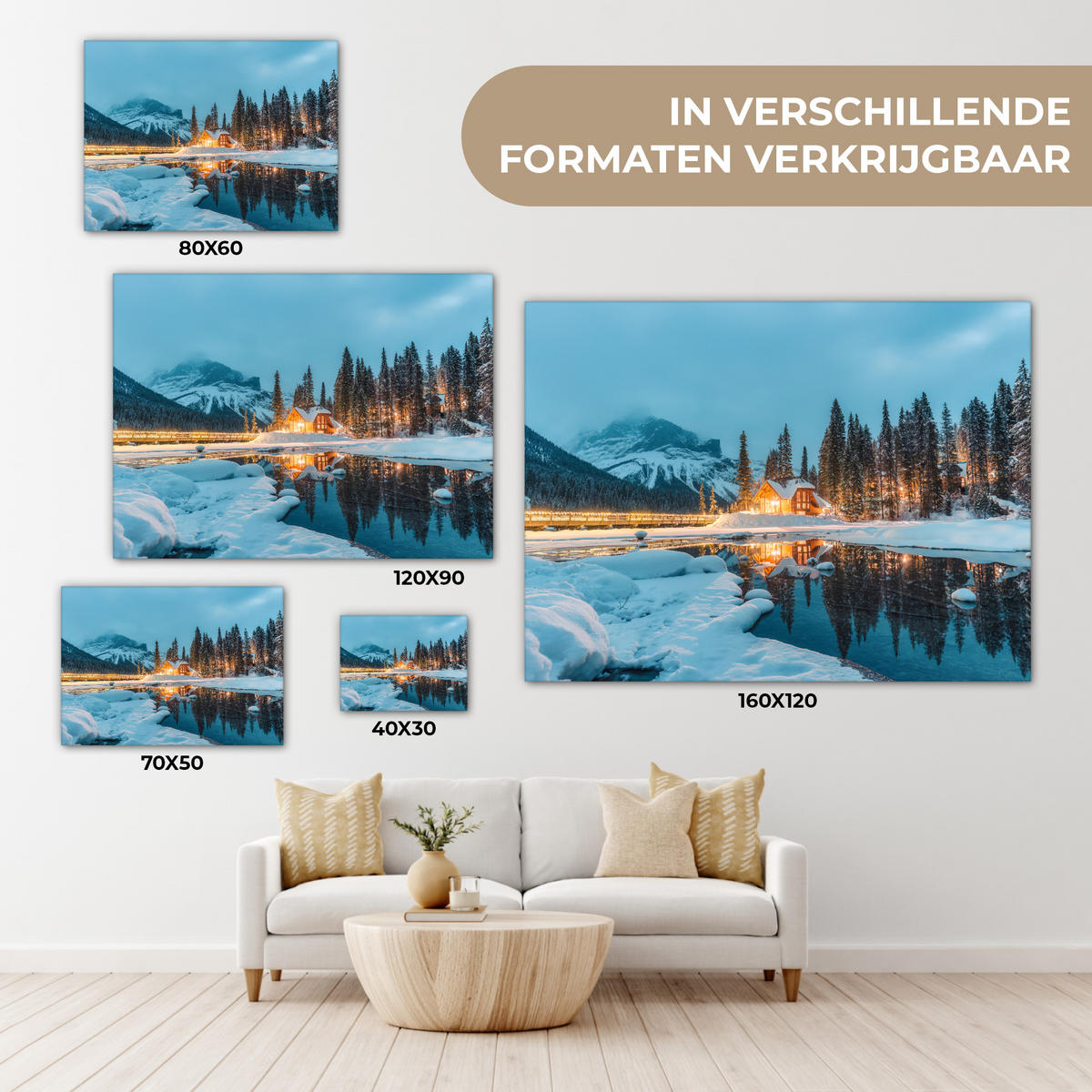 LEINWANDBILD Winterlandschaft - Natur - Haus - Berge - Schnee Wandbild 40x30 cm - Hellblau, Textil (40/30cm) - MuchoWow