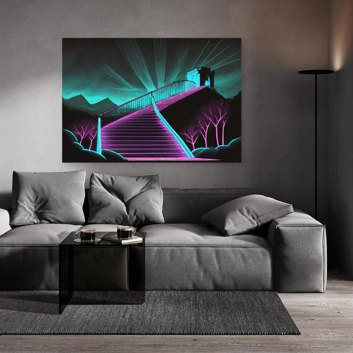 WANDBILD neon treppe abstrakt 3d - Lila, Textil (60/40cm) - Feeby