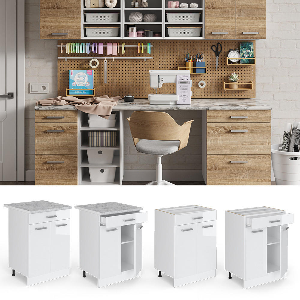 UNTERSCHRANK R-Line Weiß Hochglanz 60 cm mit Schubladen, ohne AP - Weiß Hochglanz/Weiß, Holzwerkstoff (60/81.6/46cm) - Vicco