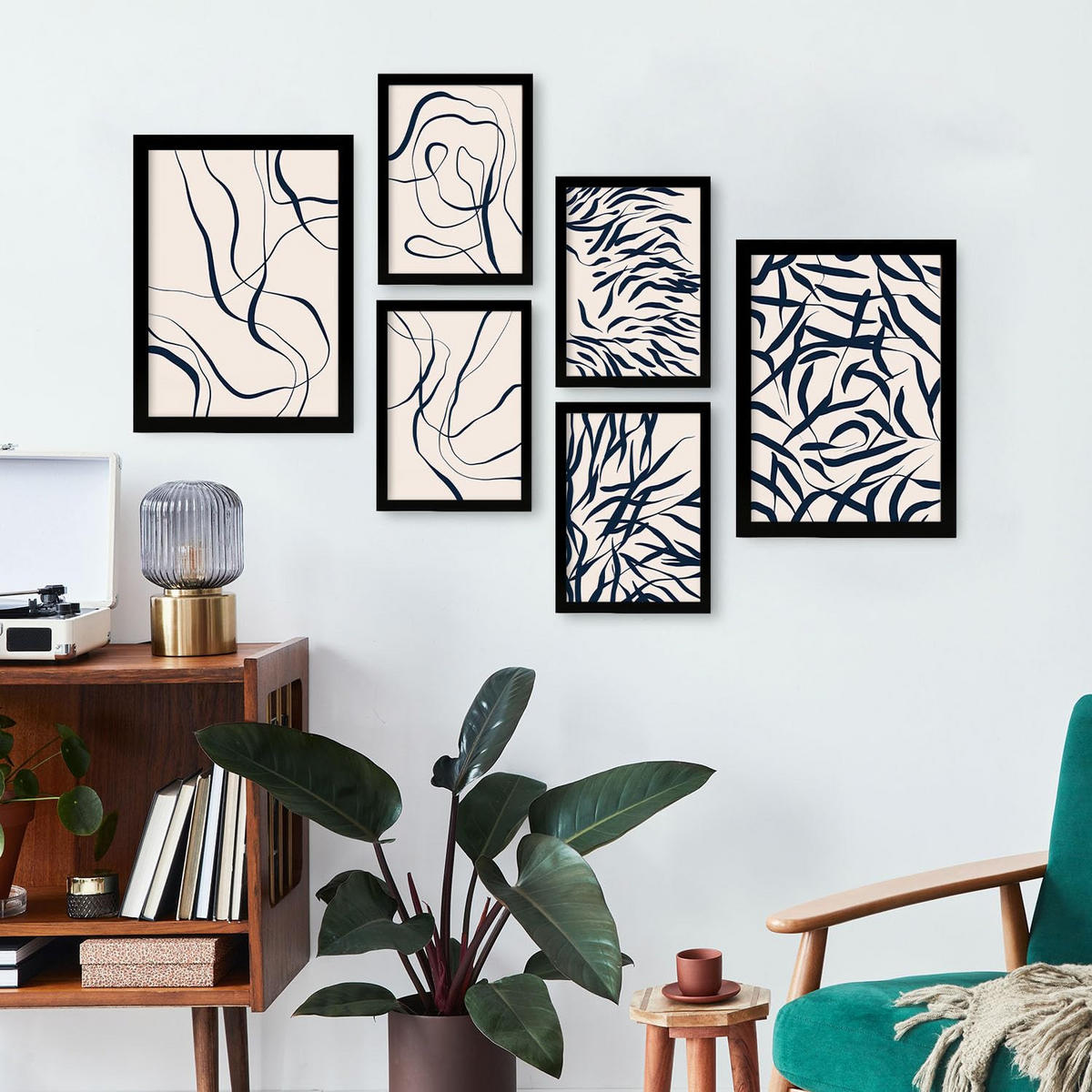 POSTER Set Mit 6 Formabstrakte Ästhetische Dekobilder Für Ihr Wohnzimmer, Schlafzimmer Oder Zuhause A3 & A4 Schwarzer Rahmen - Schwarz, Papier (29/3cm) - Nacnic