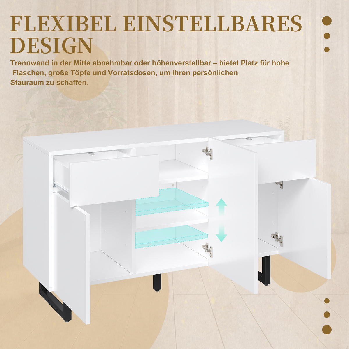 SIDEBOARD in Weiß Kommode modern, großer Stauraum, Schubladen+Türen, Metallbeine, Esszimmer/Wohnzimmer, B120/T40.5/H75cm - Schwarz/Weiß, Holzwerkstoff/Metall (120/75/40.5cm) - STILVORA