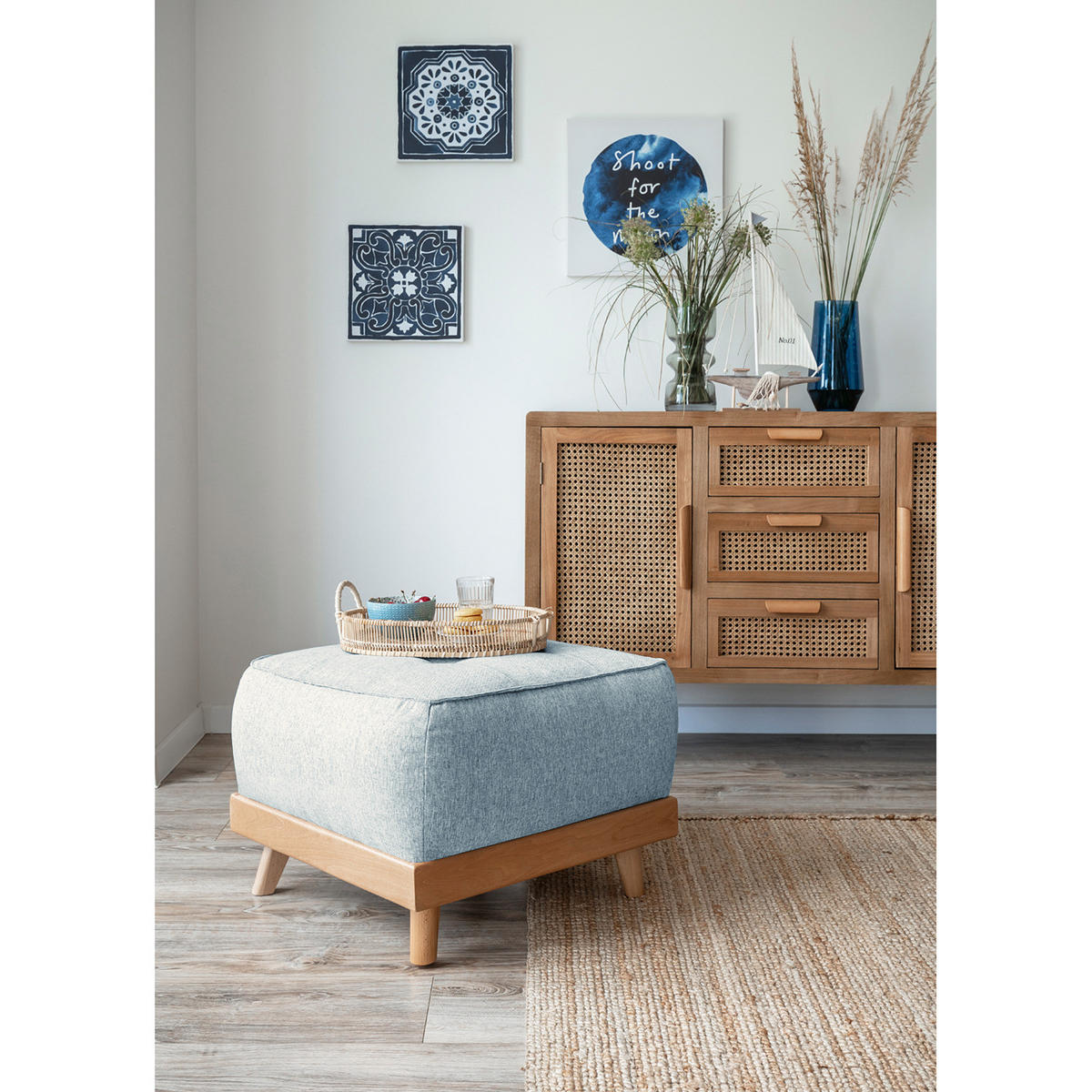 POLSTERHOCKER - Webstoff - Blau/Buchefarben, Buchenholz/Textil (60/42/60cm) - home24