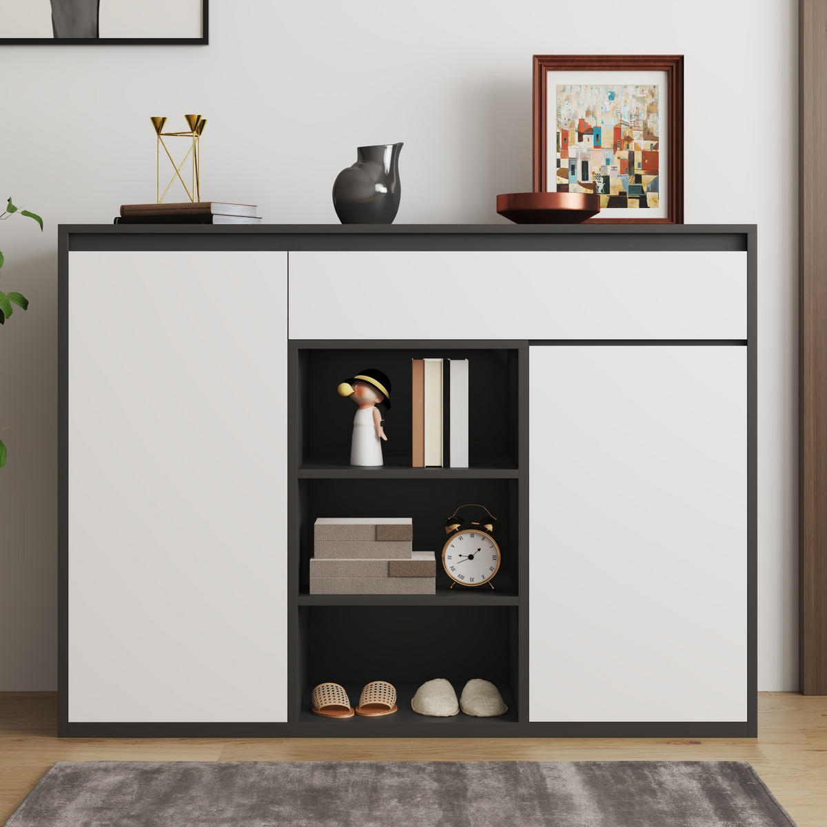 SCHUHSCHRANK in Weiß und Schwarz Schuhkommode mit LED-Beleuchtung für 12–17 Paar Schuhe, B105/T39.5/H86 cm - Schwarz/Weiß, Holzwerkstoff/Metall (105/86/39.5cm) - STILVORA