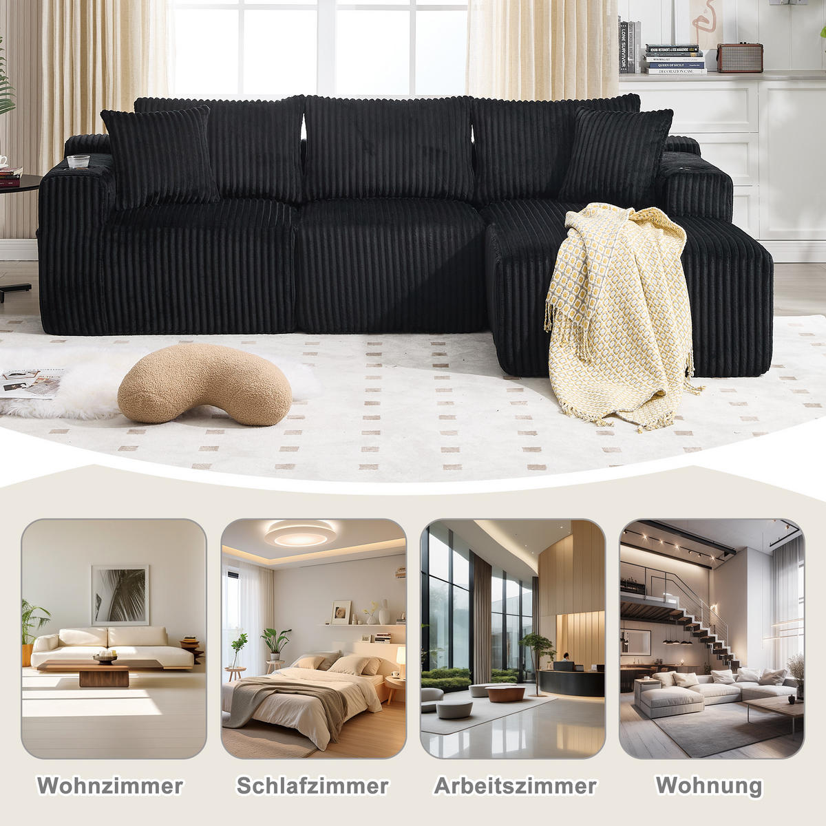 MODULARES Sofa-Set Cord mit Chaiselongue und 2-Sitzer Taschen und Getränkehalter 257/90-160/62 cm Schwarz - Schwarz, Textil (160/257cm) - Redom