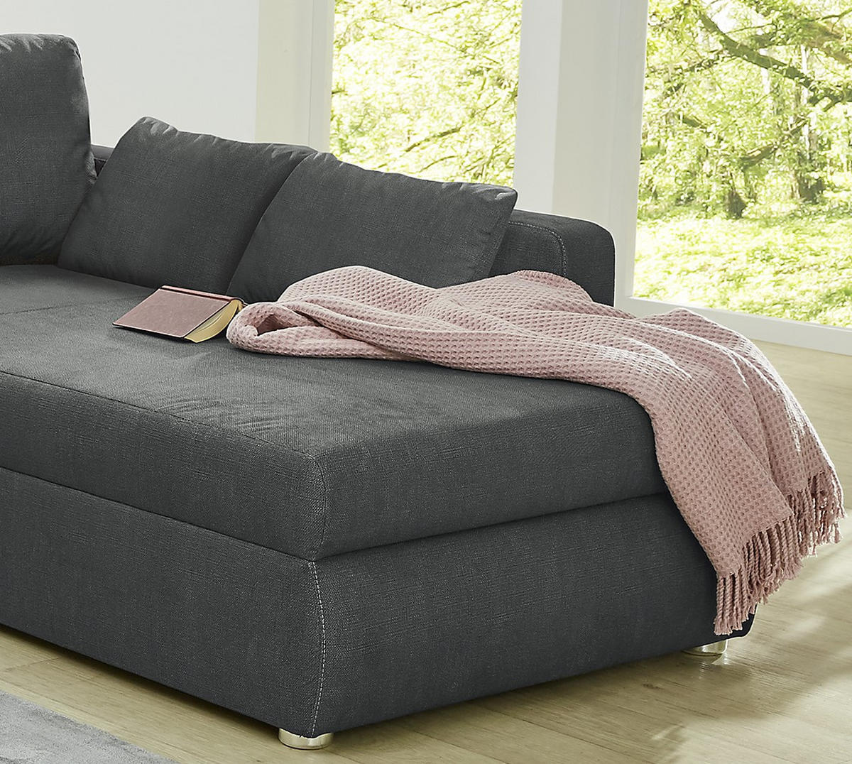 ECKSOFA mit Schlaffunktion und Bettkasten, seitenverkehrt montierbar B272/T200/H88 cm, Liegefläche 128x224 cm, Mikrofaser Dunkelgrau / 15228 - Chromfarben/Dunkelgrau, Kunststoff/Textil (272/200cm) - luma-home