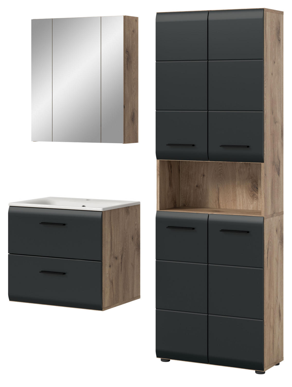 BADMÖBEL-SET schwarz matt, Nox Eiche 3-teilig, Badkombination inklusive Waschbecken - Eichefarben/Schwarz, Glas/Holzwerkstoff (135/185/46cm) - Inn.Furn