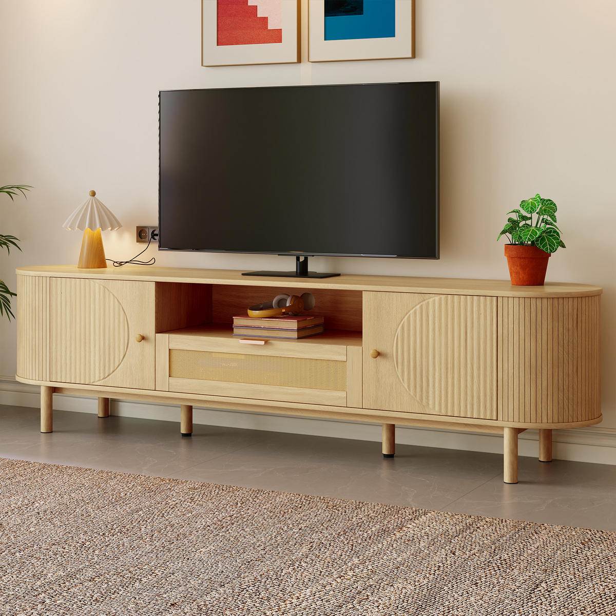 TV-SCHRANK Lowboard Rattan Schubladen offen - Naturfarben, Holz (175/51/36cm) - Fortuna Lai