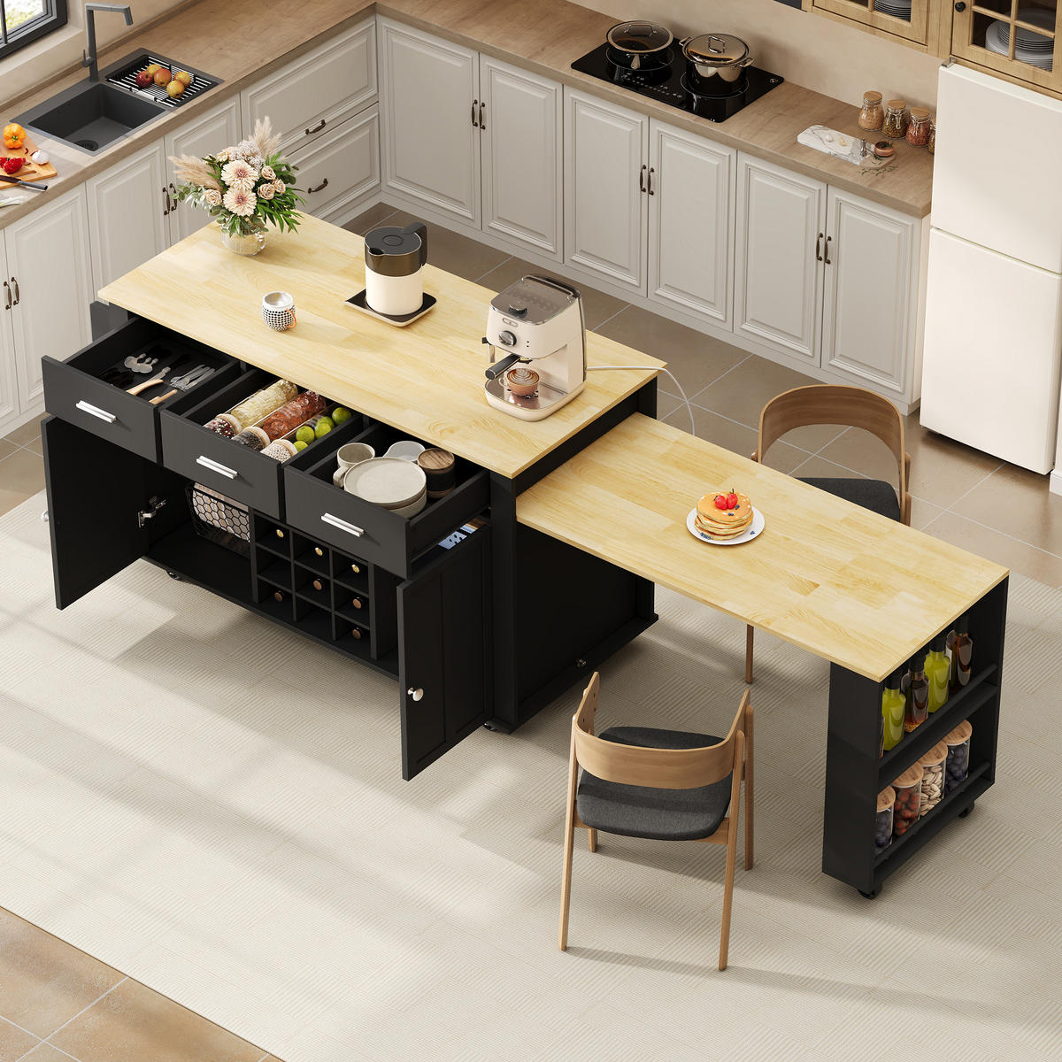 KÜCHENINSEL 93 cm MDF Schwarz Natur mit Ausziehbarer Arbeitsplatte und Weinregal - Schwarz, Holzwerkstoff (50/93/136cm) - Korfee