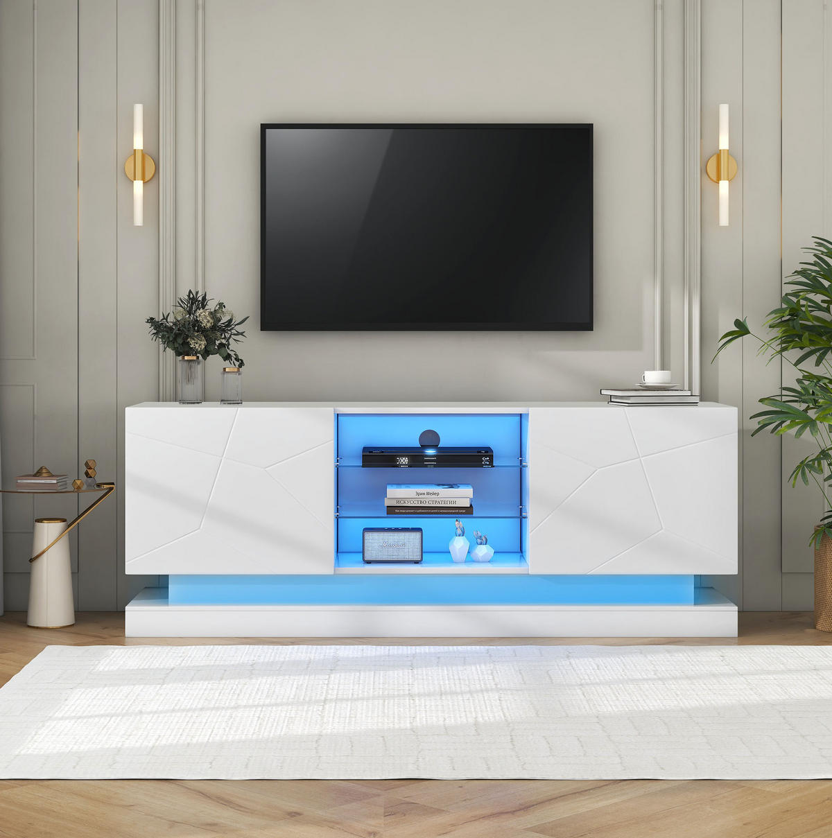 TV-SCHRANK aus Spanplatte 160x38,5x60 cm Weiß mit verstellbarer Glasablage, USB-Lichtleiste und leisem Scharnier - Weiß, Holzwerkstoff (160/60/38.5cm) - Modfu