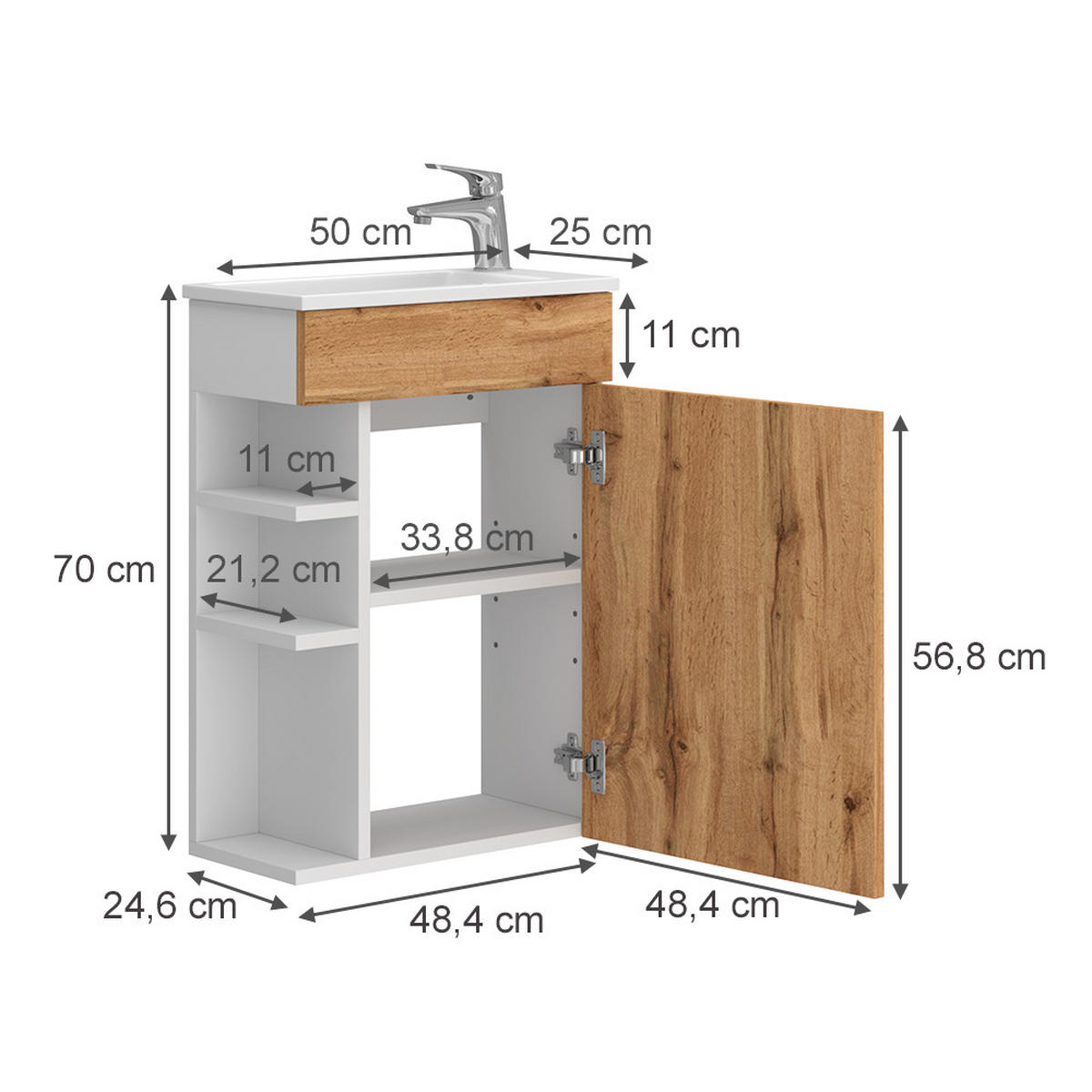 WASCHTISCHKOMBI Amadeo, Goldkraft Eiche/Weiß, 2 Teile, mit Waschbecken - Honigeiche, Holzwerkstoff (50/70/25cm) - Vicco