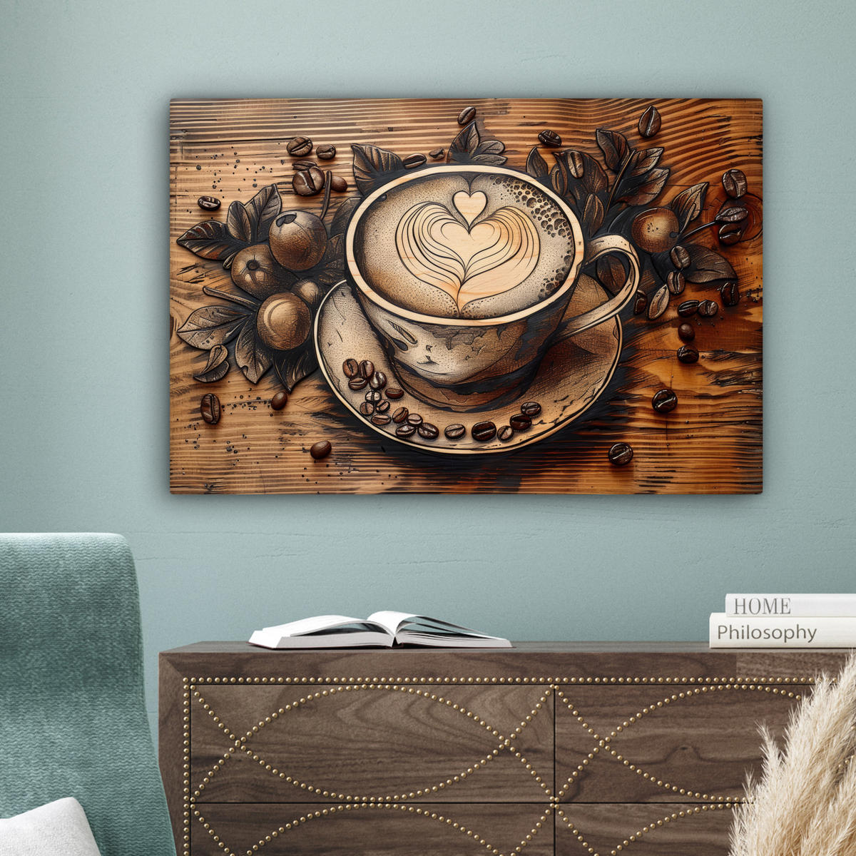 LEINWANDBILD Kaffee - Vintage - Braun - Tasse - Holz Wanddeko 90x60 cm - Braun, Textil (90/60cm) - MuchoWow