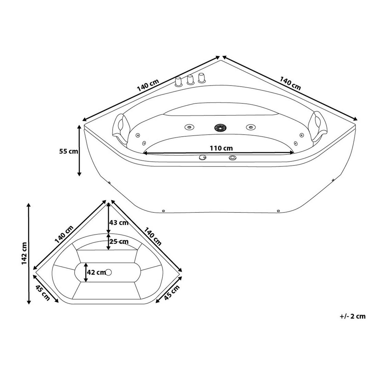 WHIRLPOOL-BADEWANNE mit LED 140x140x55 cm weiß Meves - Weiß, Kunststoff (140/55/140cm) - Beliani