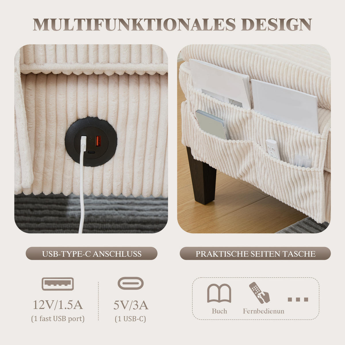 WOHNLANDSCHAFT 250/130/88 cm Beige mit Aufbewahrungsfach und USB/Type-C-Ladeanschluss - Beige, Textil (250/88/130cm) - Oxeza