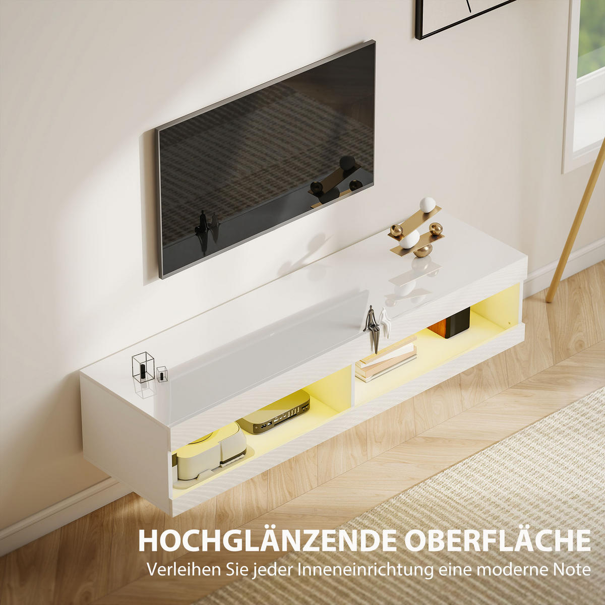 TV Schrank, Hängendes TV Lowboard mit RGB LED-Beleuchtung, offenen Stauraum - Weiß Hochglanz, Holzwerkstoff (40/30/140cm) - HOMCOM