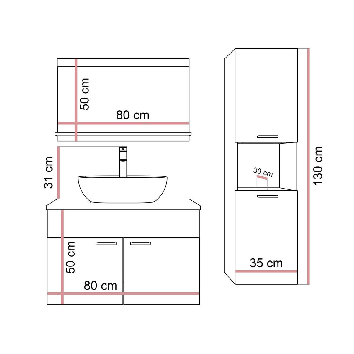 BADMÖBEL-SET LUMIRE Weiß Matt mit Spiegel - Weiß, Holzwerkstoff (80/52/46cm) - Lookway