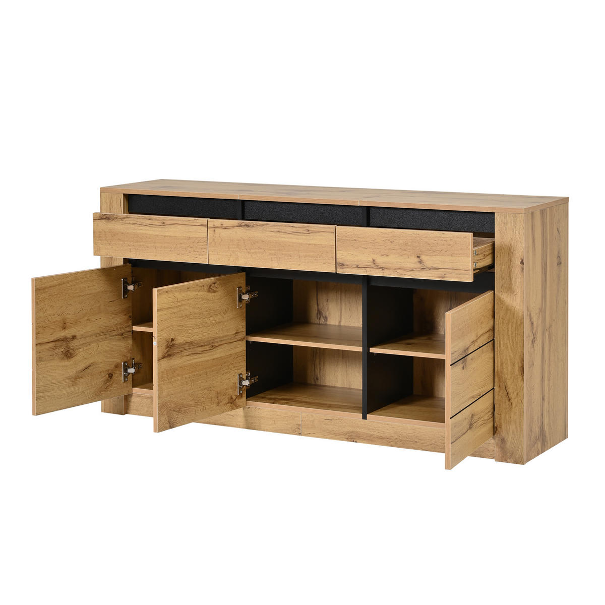 BUFLET 135cm cu Wellenholzoptik, 3 Schubladen & Schrankfächern, Naturholzfarbe - culoare naturală, compozit lemnos (135/70/35cm) - Urban Meuble