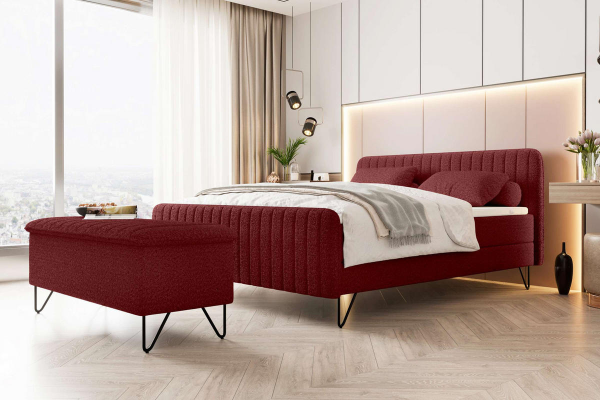 BOXSPRINGBETT LUCIO mit Hocker Bouclé-Stoff Rot 140/200 cm - Rot/Schwarz, Textil/Metall (140/200cm) - 99rooms