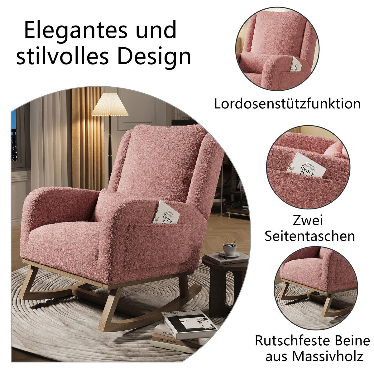 SCHAUKELSTUHL Plüsch Lendenstütze Taschen Holzfüße rosa - Rosa, Holz (52/96/93cm) - LEBENLANG